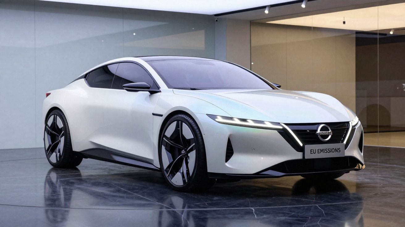Sleek white electric Nissan sports car with black accents displayed in a modern showroom with reflective floor.