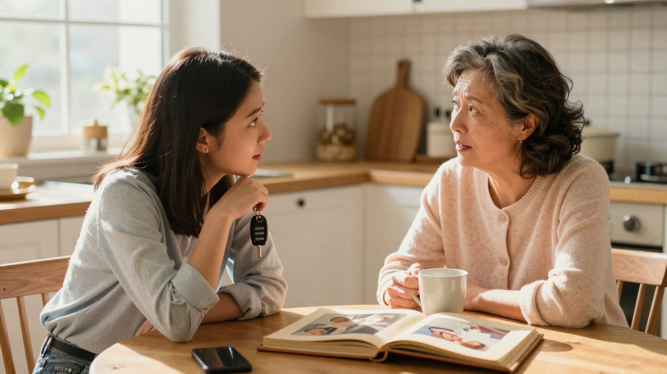 Two women sitting at a kitchen table, one holding car keys, both engaged in conversation.