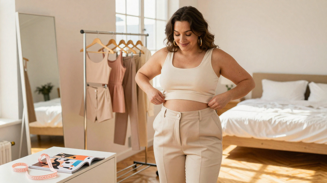 Woman smiling while adjusting high-waisted beige trousers in bright bedroom with clothing rack and bed in background.