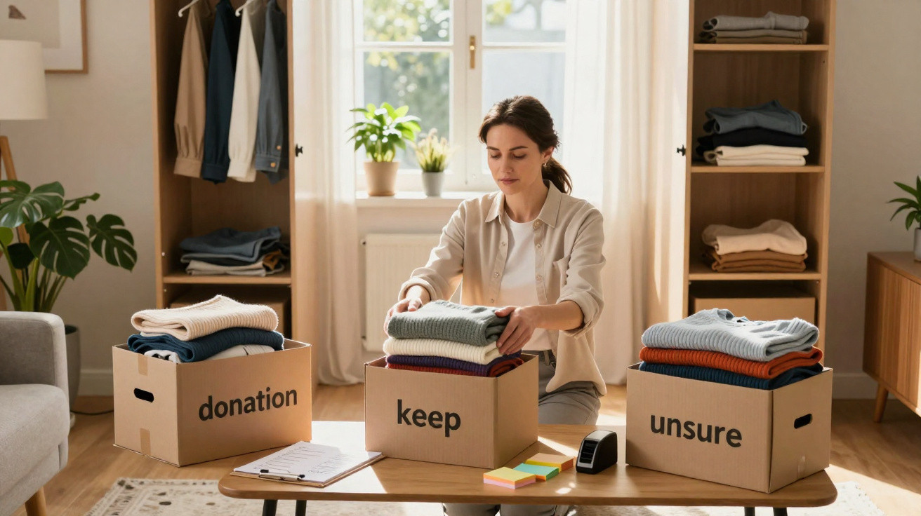 Woman sorting folded clothes into three cardboard boxes labeled donation, keep, and unsure in a bright living room.
