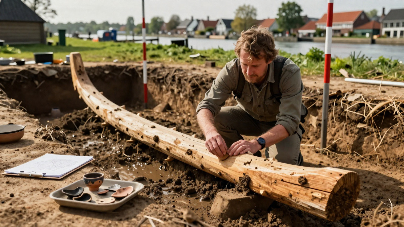 Archaeologist carefully examining a long wooden artefact at an excavation site in a rural area.