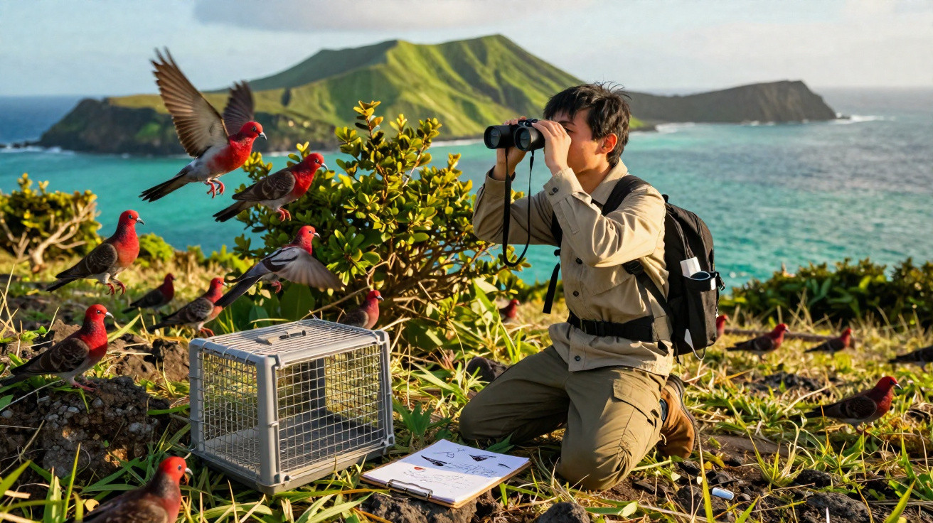 A young boy with binoculars observing red birds on a grassy coastal area with a mountain and ocean in the background.