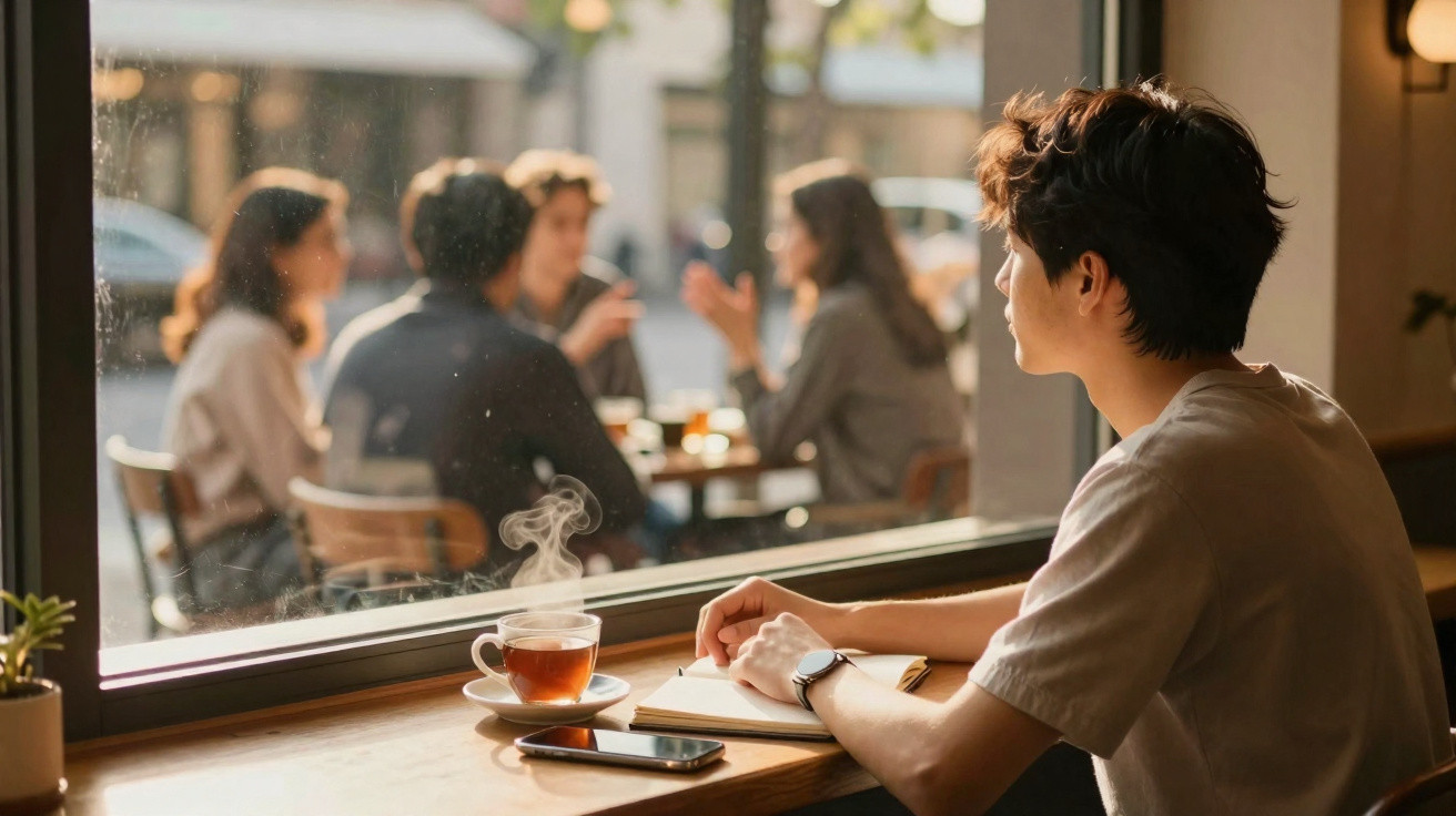 Person sitting inside a café by a window with a steaming cup of tea, notebook, and phone on the table.