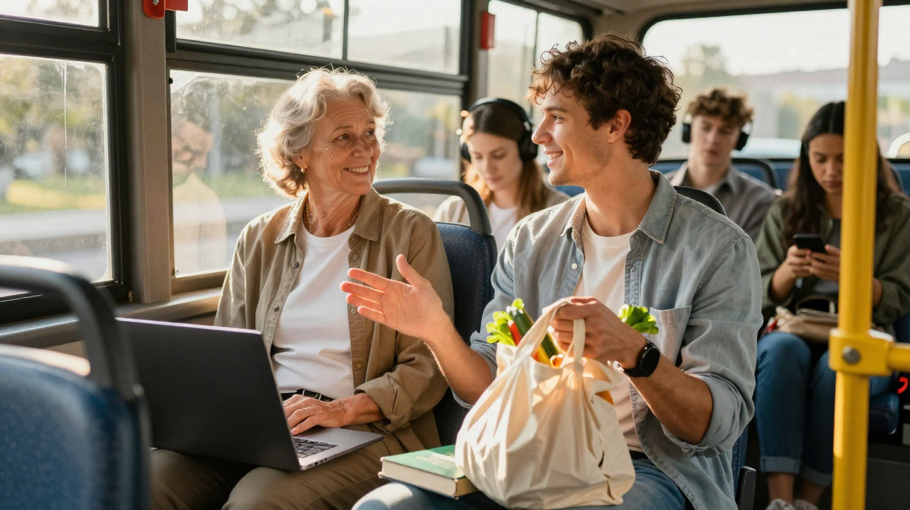 Elderly woman with laptop smiles as young man with grocery bag talks to her on a bus.