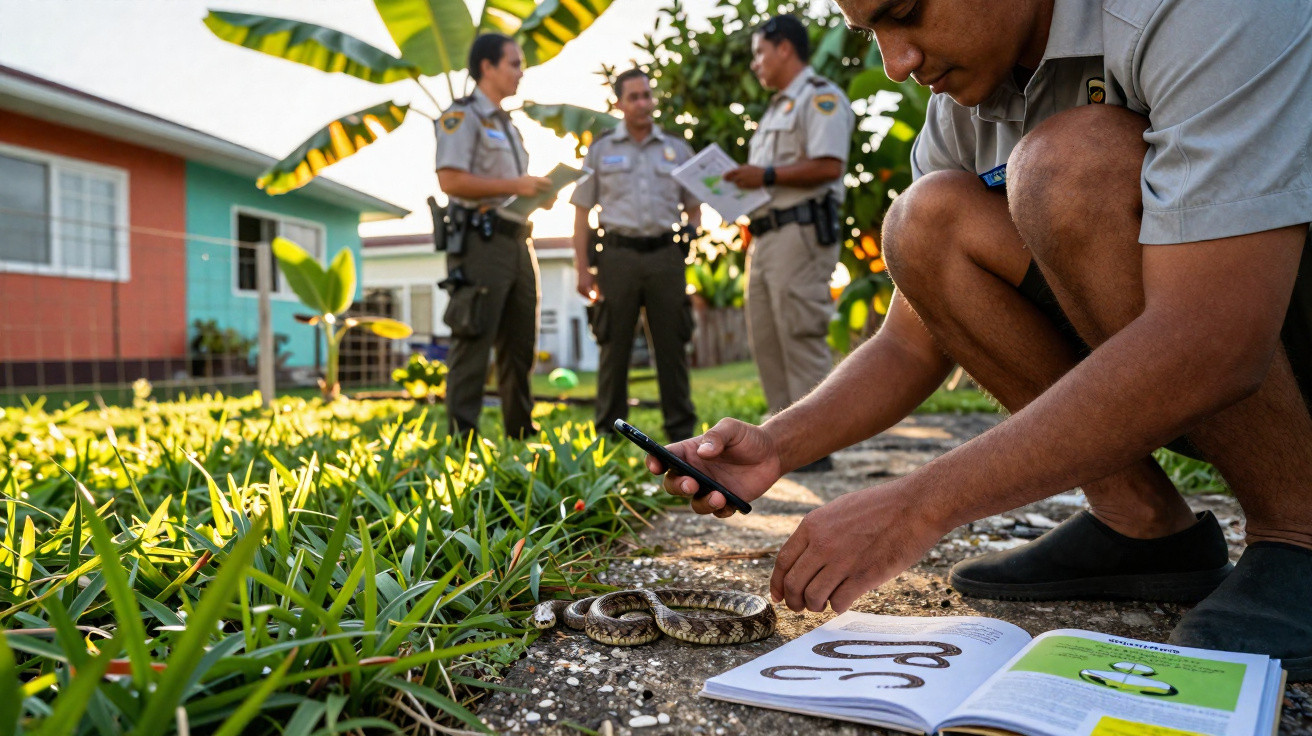 Wildlife officers examining a snake on a path with a guidebook and smartphone in a residential area.