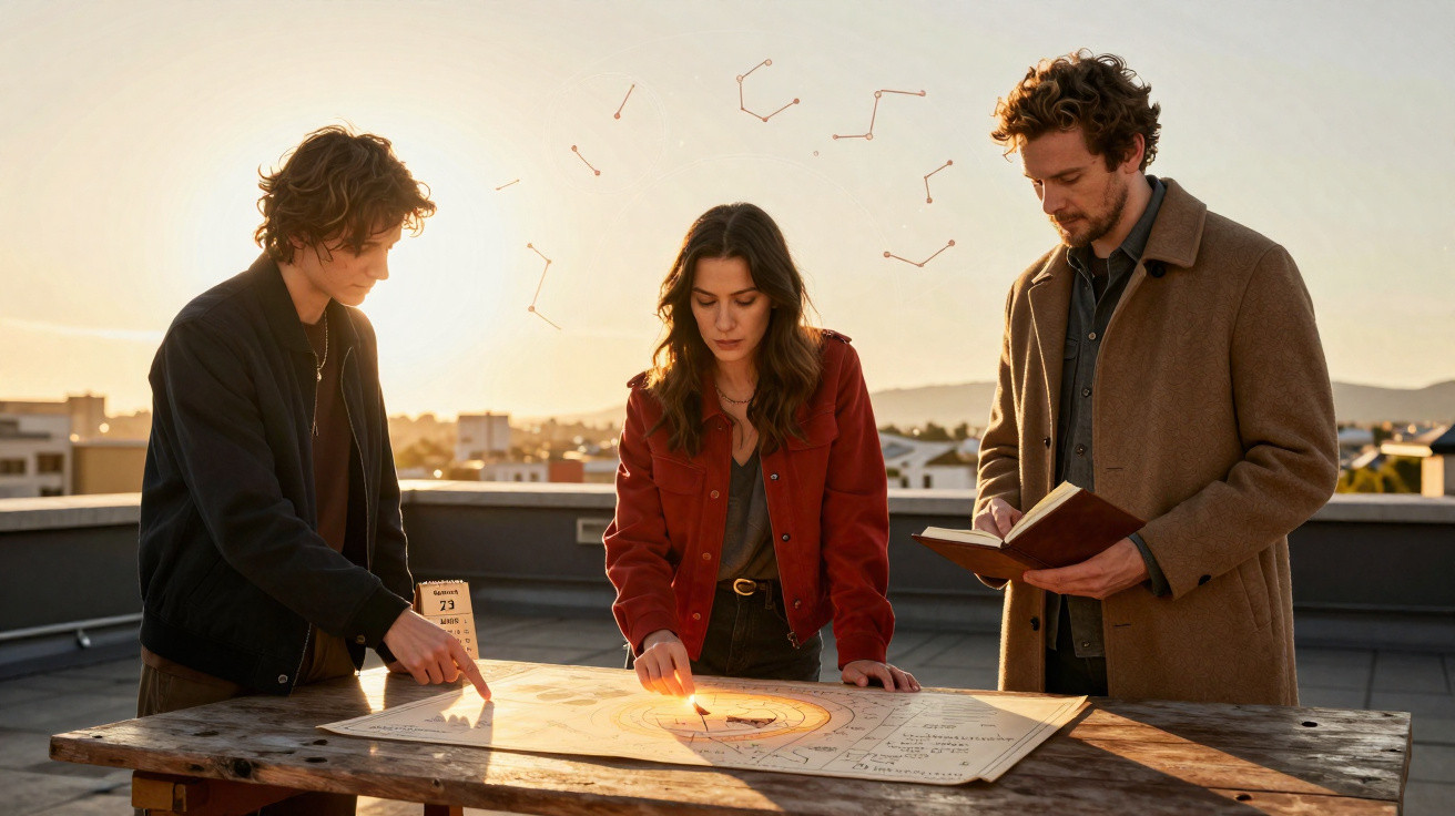 Three people study a large paper with constellations drawn on a rooftop table at sunset.