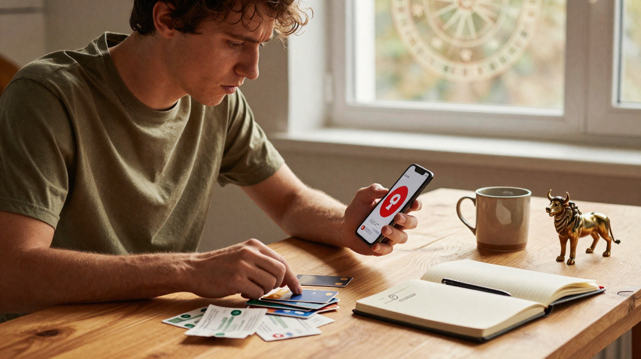 Young man at desk organising credit cards with smartphone, notebook, mug, and bull figurine nearby.