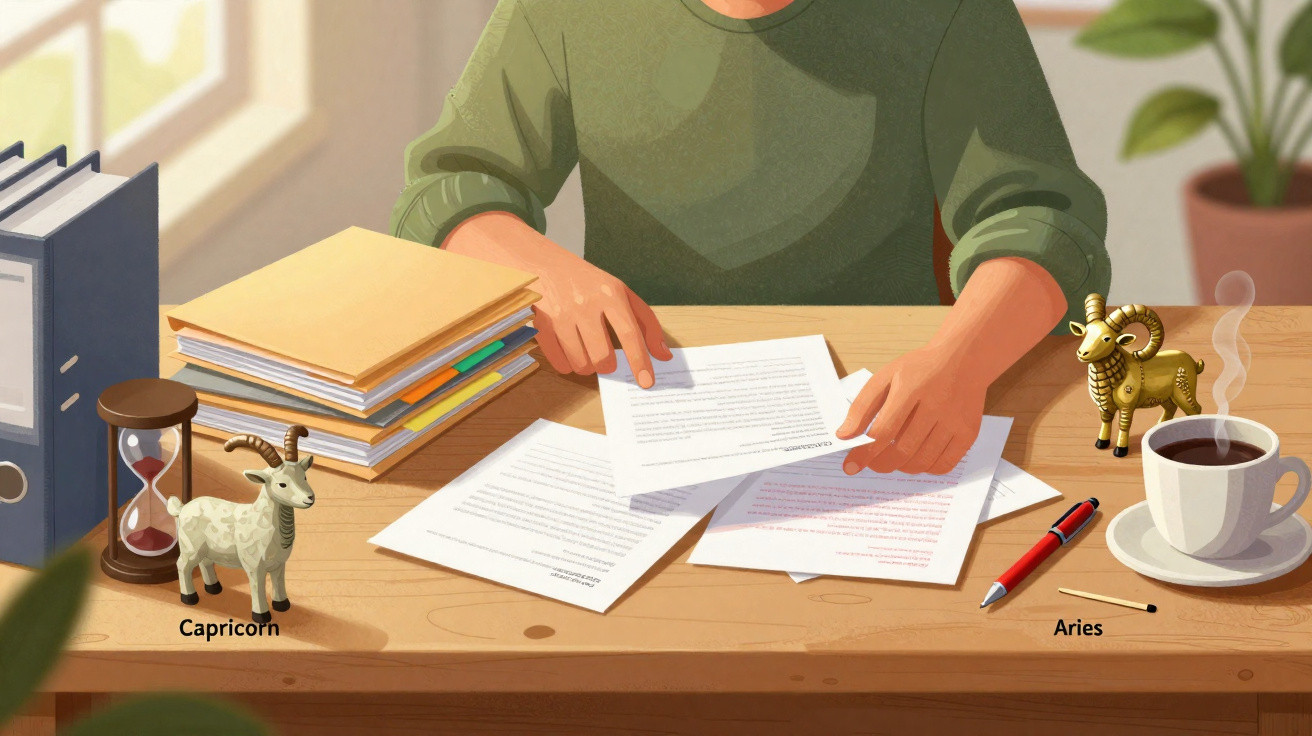 Person organising papers at desk with Capricorn and Aries figurines, hourglass, coffee, files, and pen nearby.