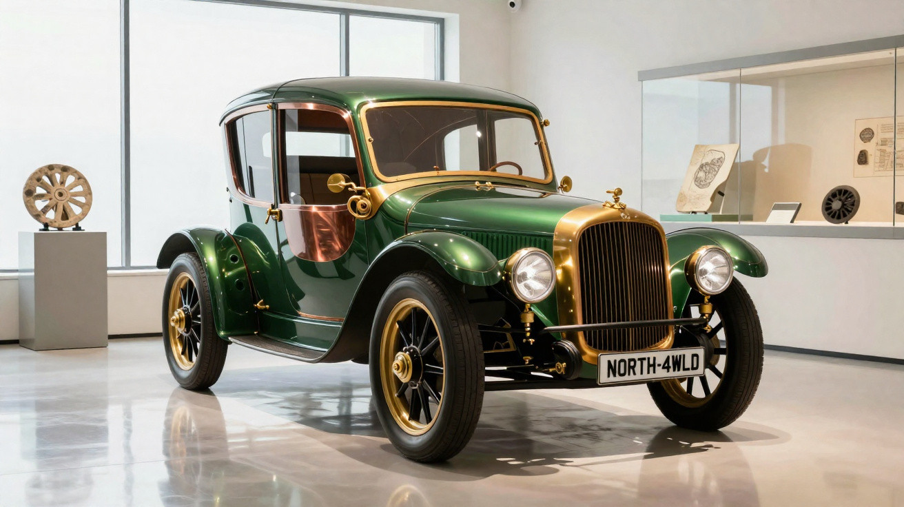 Vintage green and gold classic car displayed in a bright, modern museum gallery with polished floors.