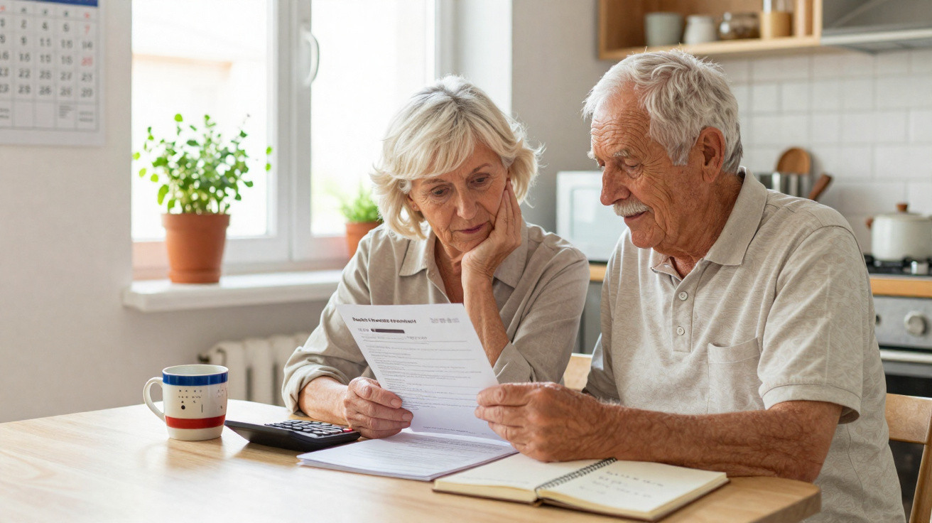 Elderly couple sitting at kitchen table reviewing financial documents with a calculator and notebook nearby.