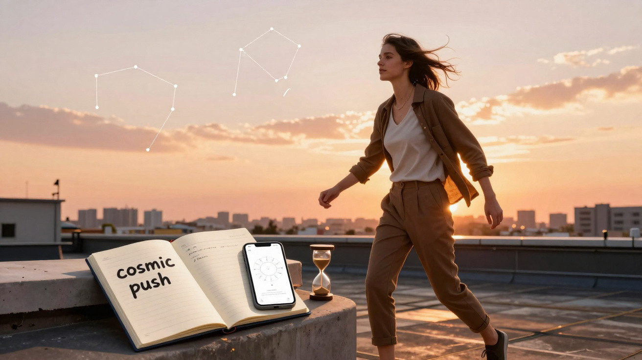 Woman walking on rooftop at sunset with notebook reading "cosmic push," smartphone, hourglass, and constellation graphics.