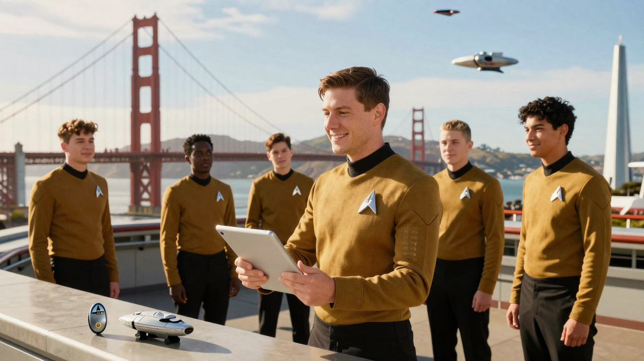 Group of six people in gold Starfleet uniforms near Golden Gate Bridge with futuristic drones flying above.