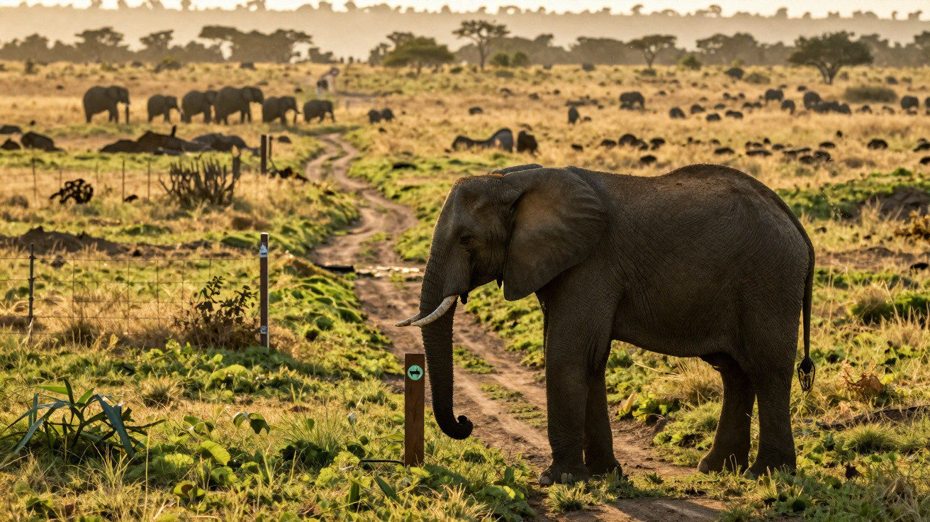 Young elephant standing near a wooden post on a dirt path in a savannah with a herd in the background.