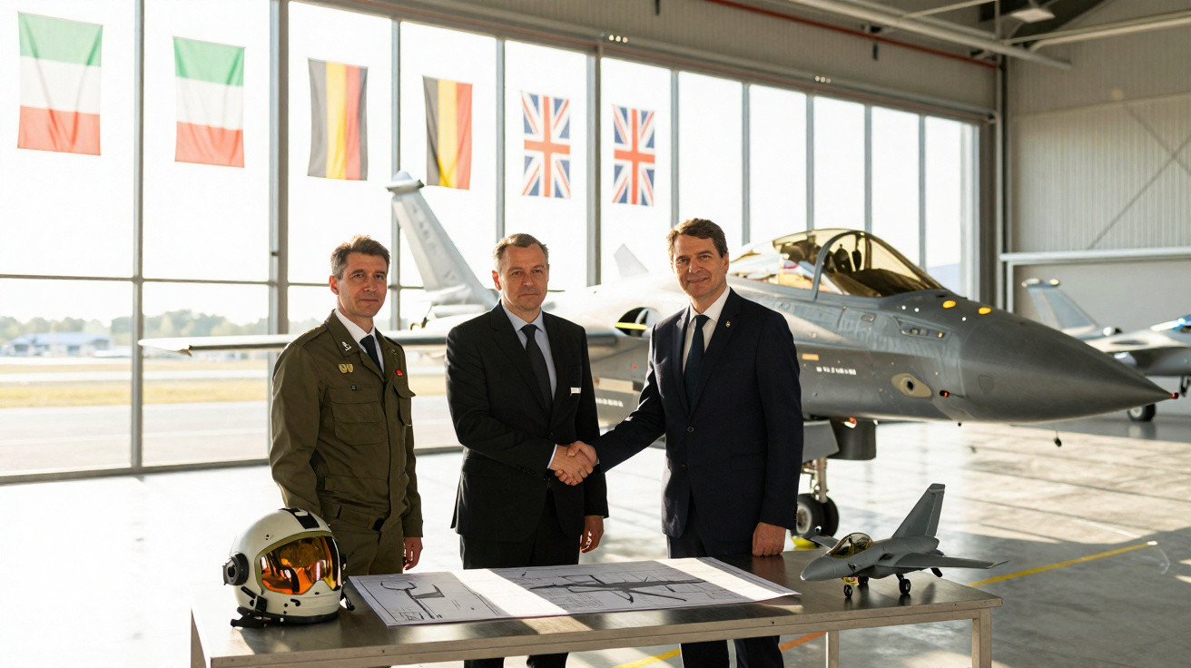 Three men in a hangar shaking hands beside a table with aircraft plans and a model jet, with a fighter jet and national flags