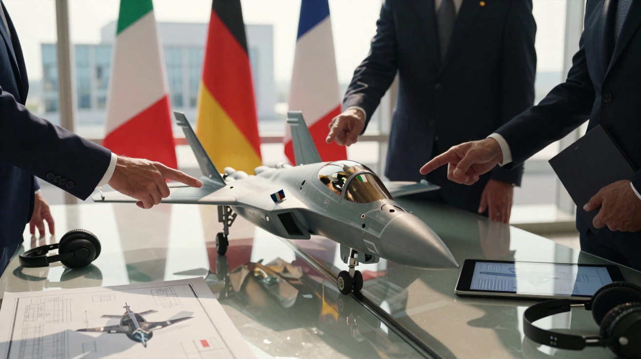 People in suits discuss a model fighter jet on a glass table with flags in the background.