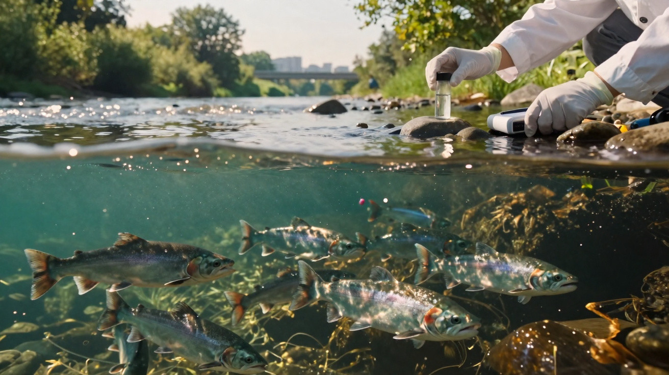 Scientist collecting water sample from a river with fish swimming underwater near riverbed vegetation.