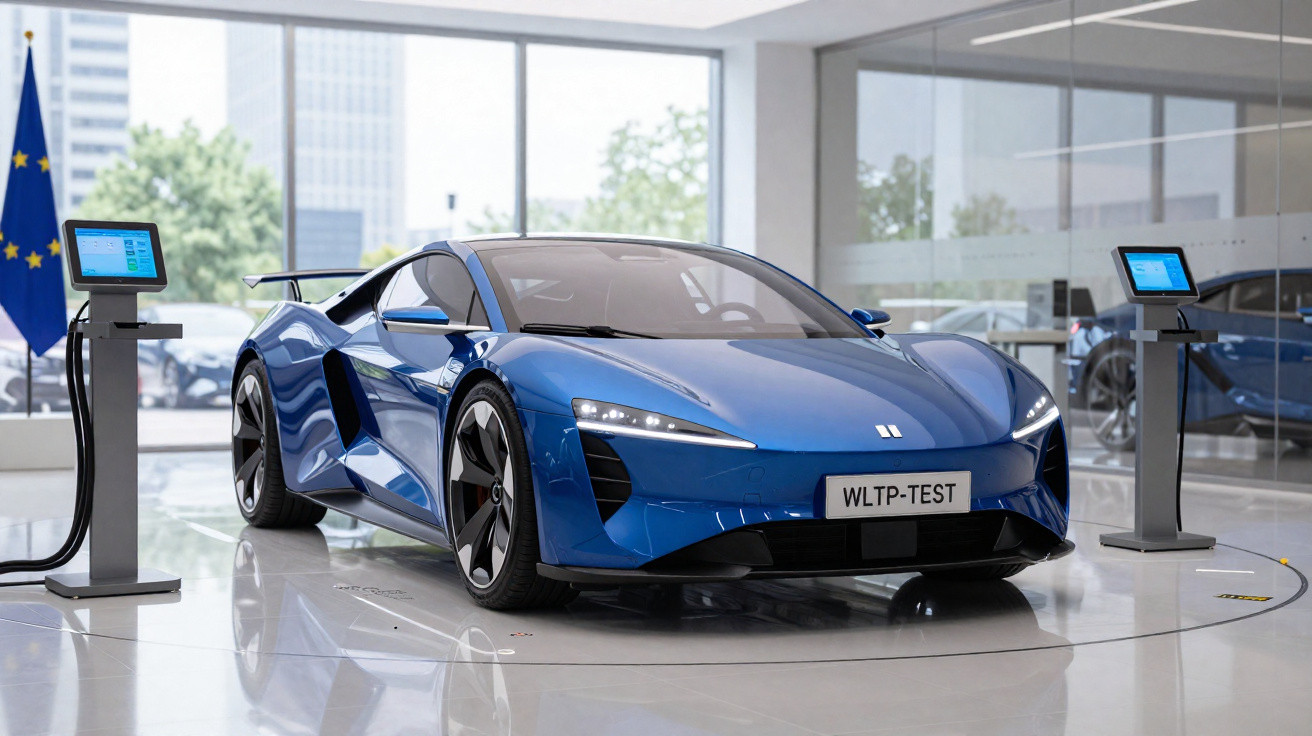 Blue electric sports car with open doors displayed in a showroom, connected to two charging stations.