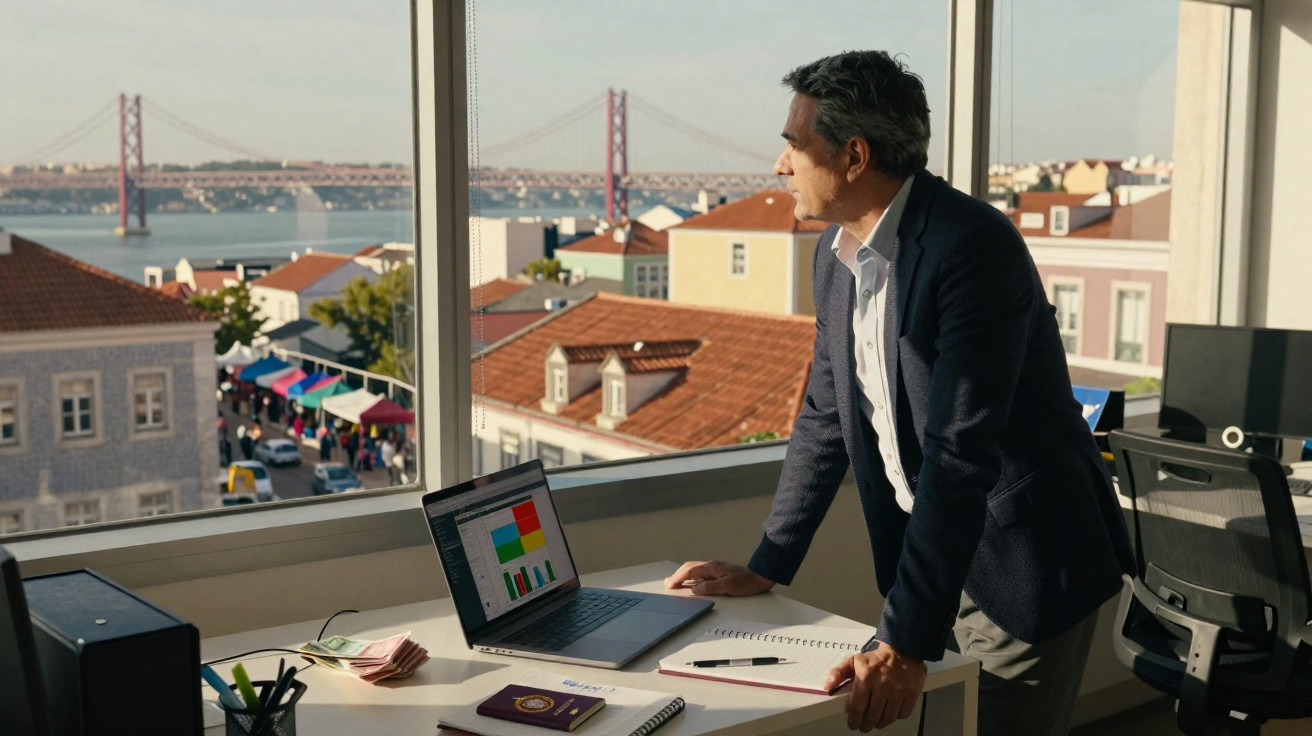 Man in office looking out window at cityscape and bridge with laptop and documents on desk.