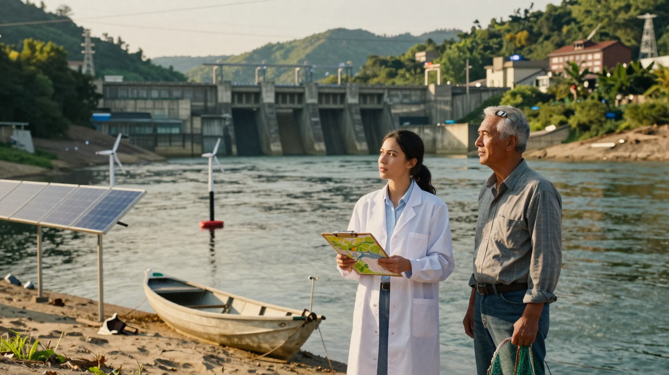 Two people standing by a river near a boat with solar panels and a dam in the background.