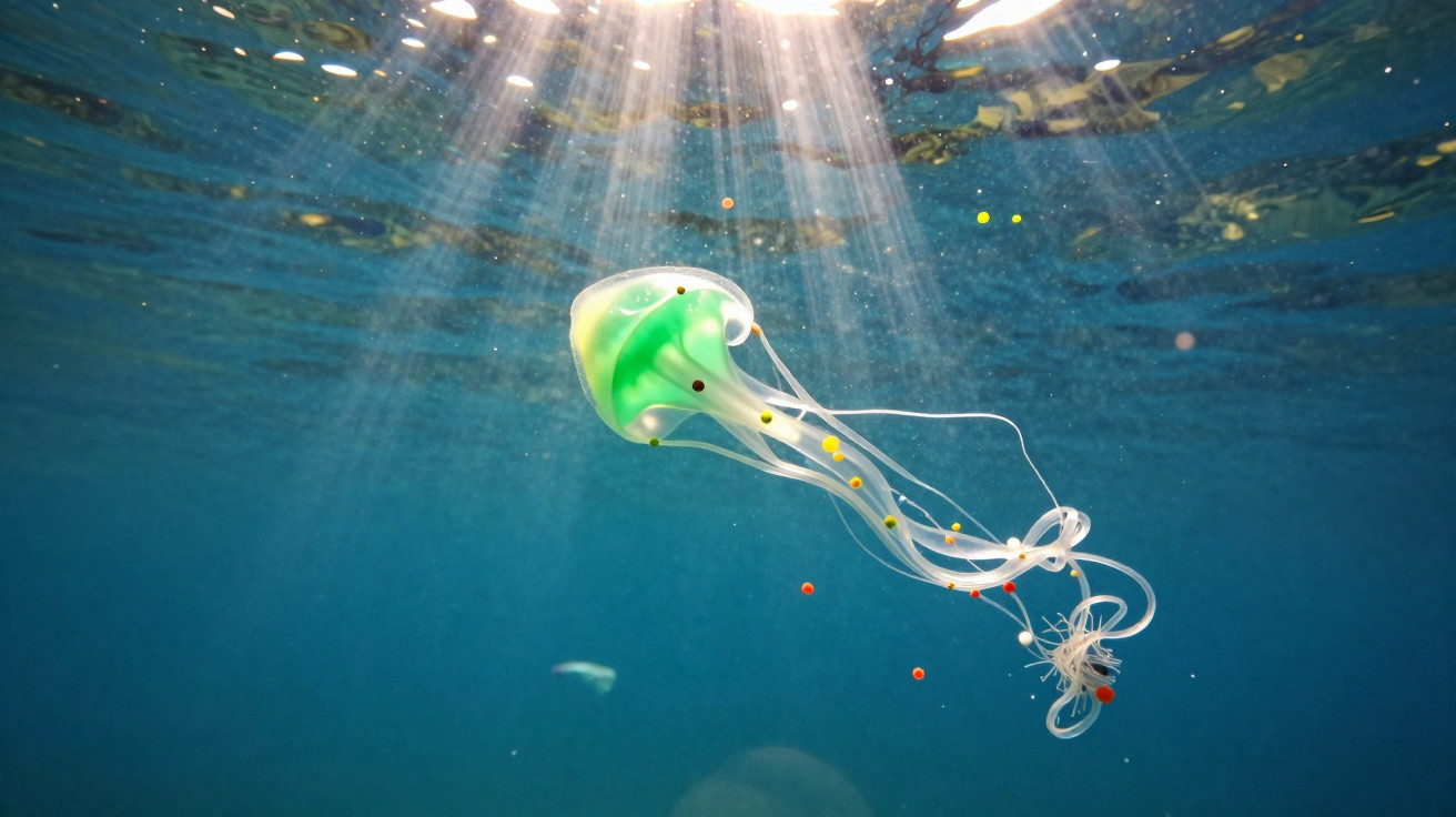 Transparent jellyfish with green centre and colourful spots floating under sunlit ocean surface