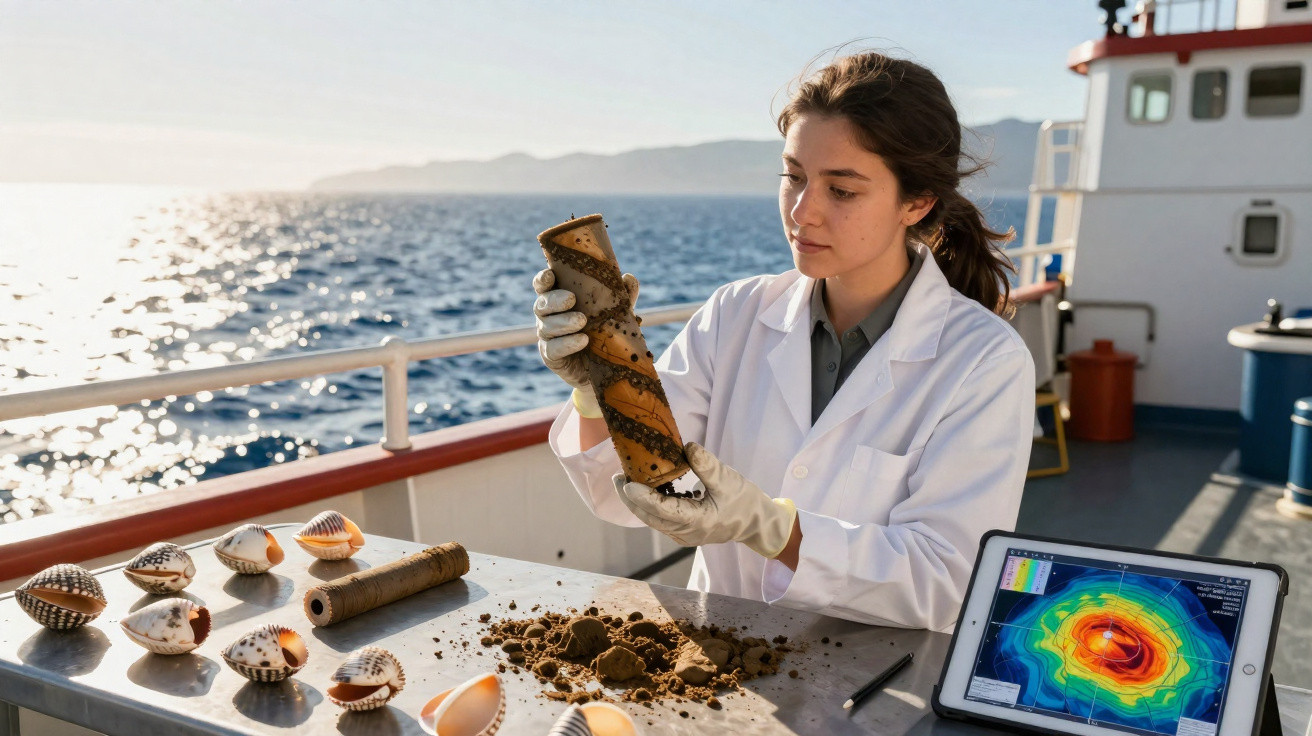 Marine scientist examining sediment core samples on a boat with seashells and a tablet showing data nearby.