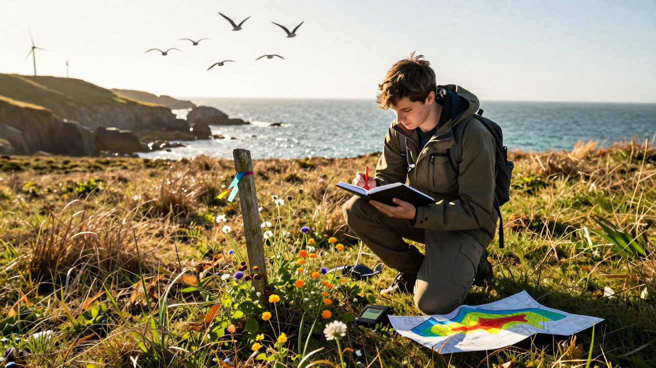 Young man with backpack writing in notebook beside wildflowers and a map on grassy coastal cliff under flying birds.