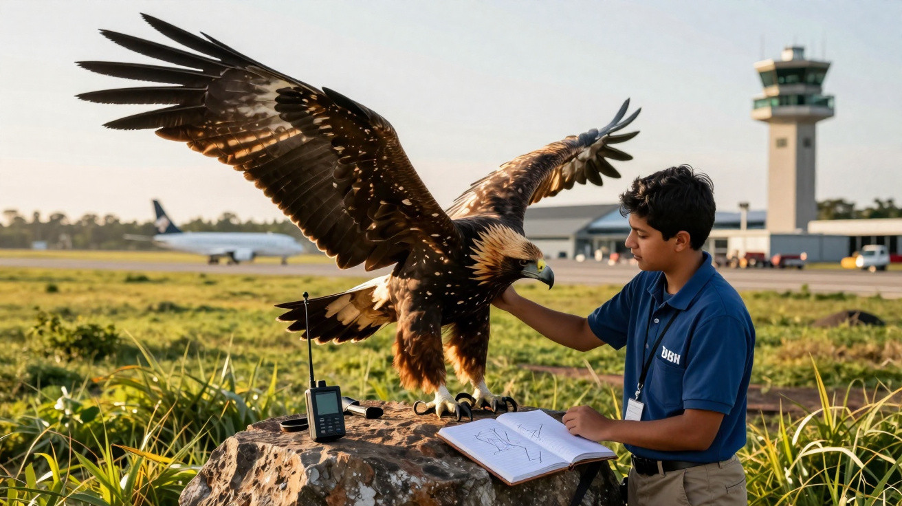 Young man in uniform tending to a large raptor bird with spread wings on a rock near an airport runway.
