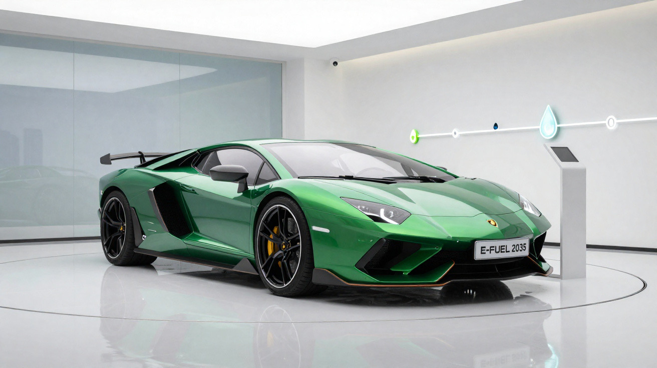 Green Lamborghini sports car displayed in a modern showroom with E-FUEL 2035 license plate.