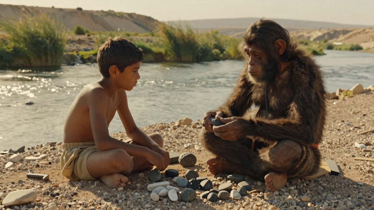 A boy and a chimpanzee sitting by a riverbank, playing with stones on a pebbled shore.