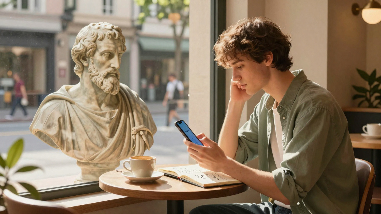 Young man sitting at a café table reading his phone with an open book and coffee, next to a classical marble bust.
