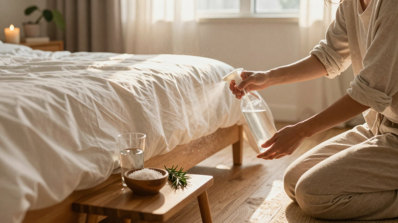 Person spraying water under a white bed in a sunlit bedroom with wooden floor and bedside items.