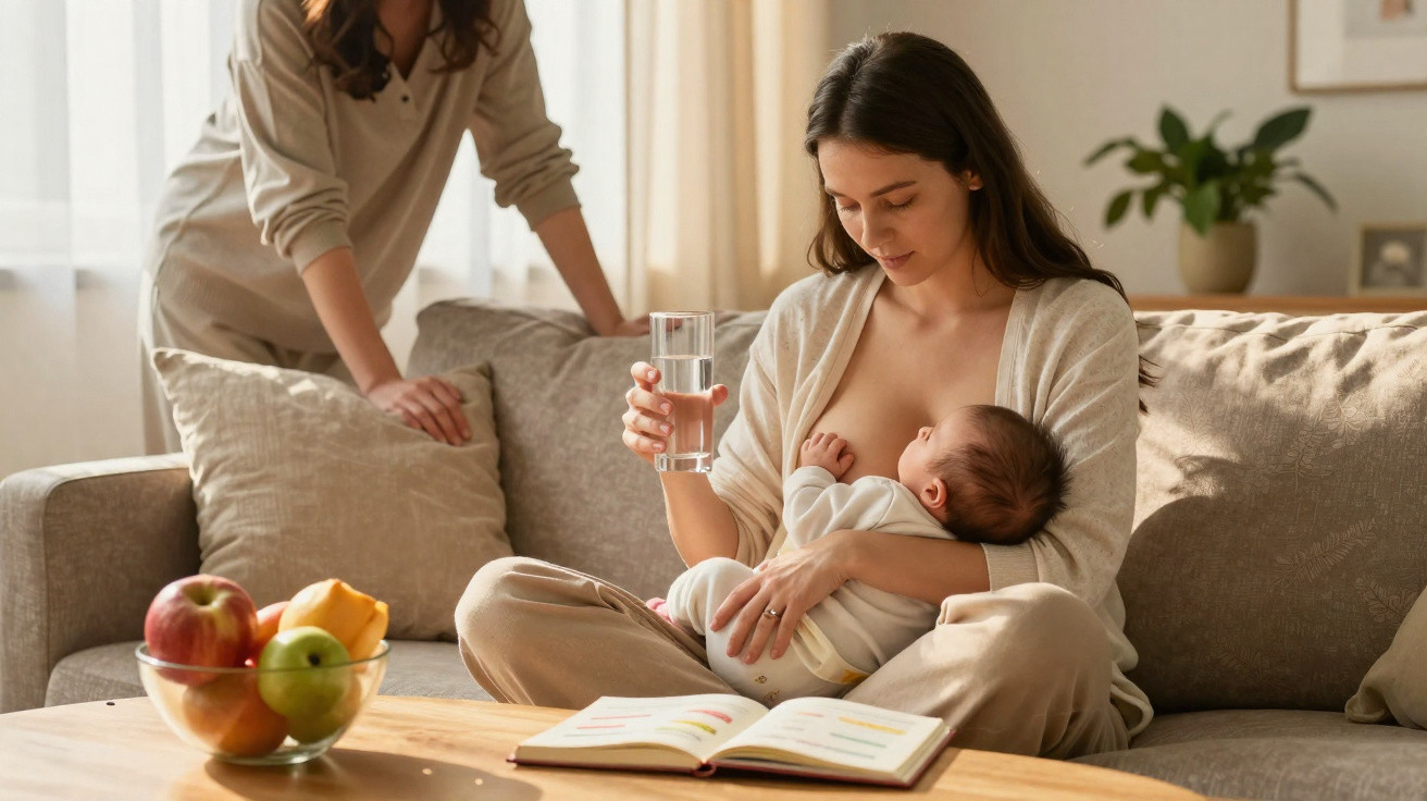 Mother breastfeeding baby while holding a glass of water, sitting on a sofa with a bowl of fruit and open book nearby.