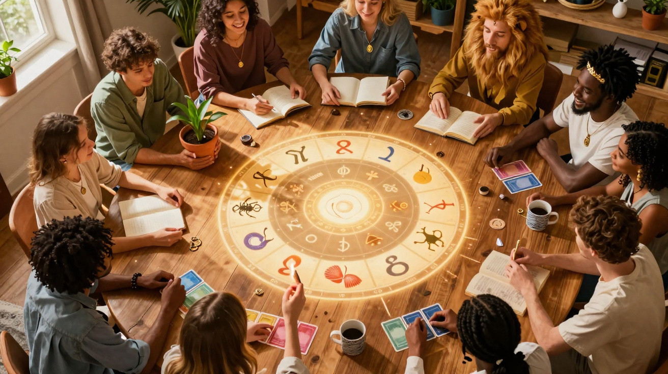 Diverse group of people sitting around a table with glowing zodiac symbols, books, and cards, engaging in astrology.