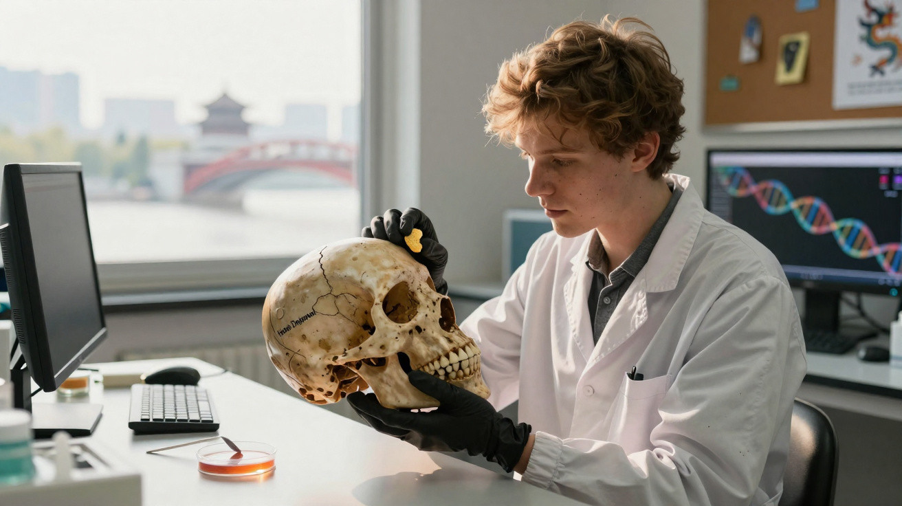 Scientist in a lab coat examining a human skull with DNA strand on a computer screen nearby