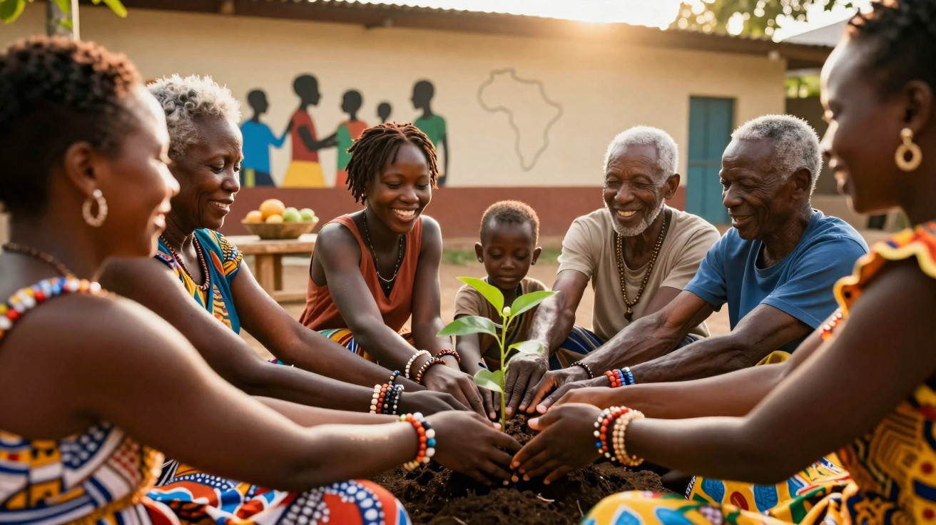 A joyful multigenerational African family planting a young tree together outdoors.