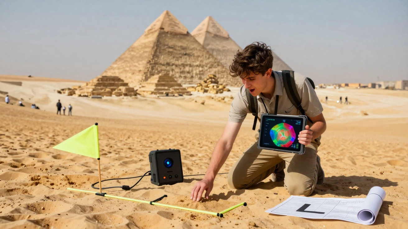 Young male archaeologist using digital equipment with pyramids in the background in a desert setting.