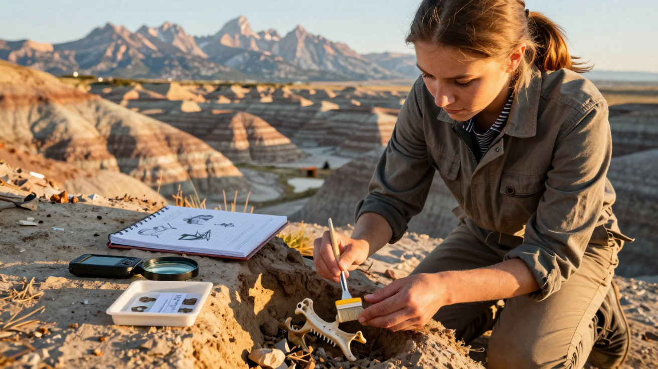 Young female archaeologist carefully brushing fossils in a rocky desert landscape with mountains in the background.