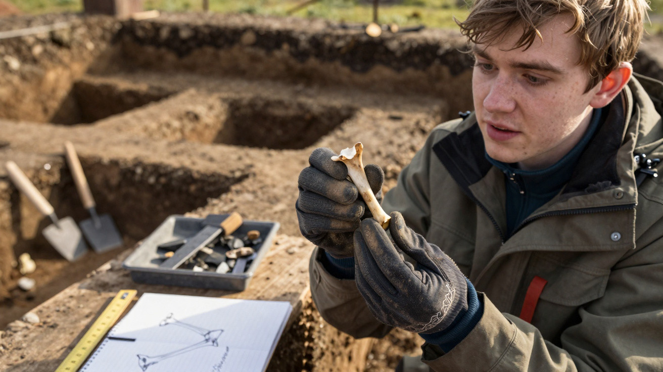 Archaeologist examining a bone fragment at an excavation site with tools and notes nearby.