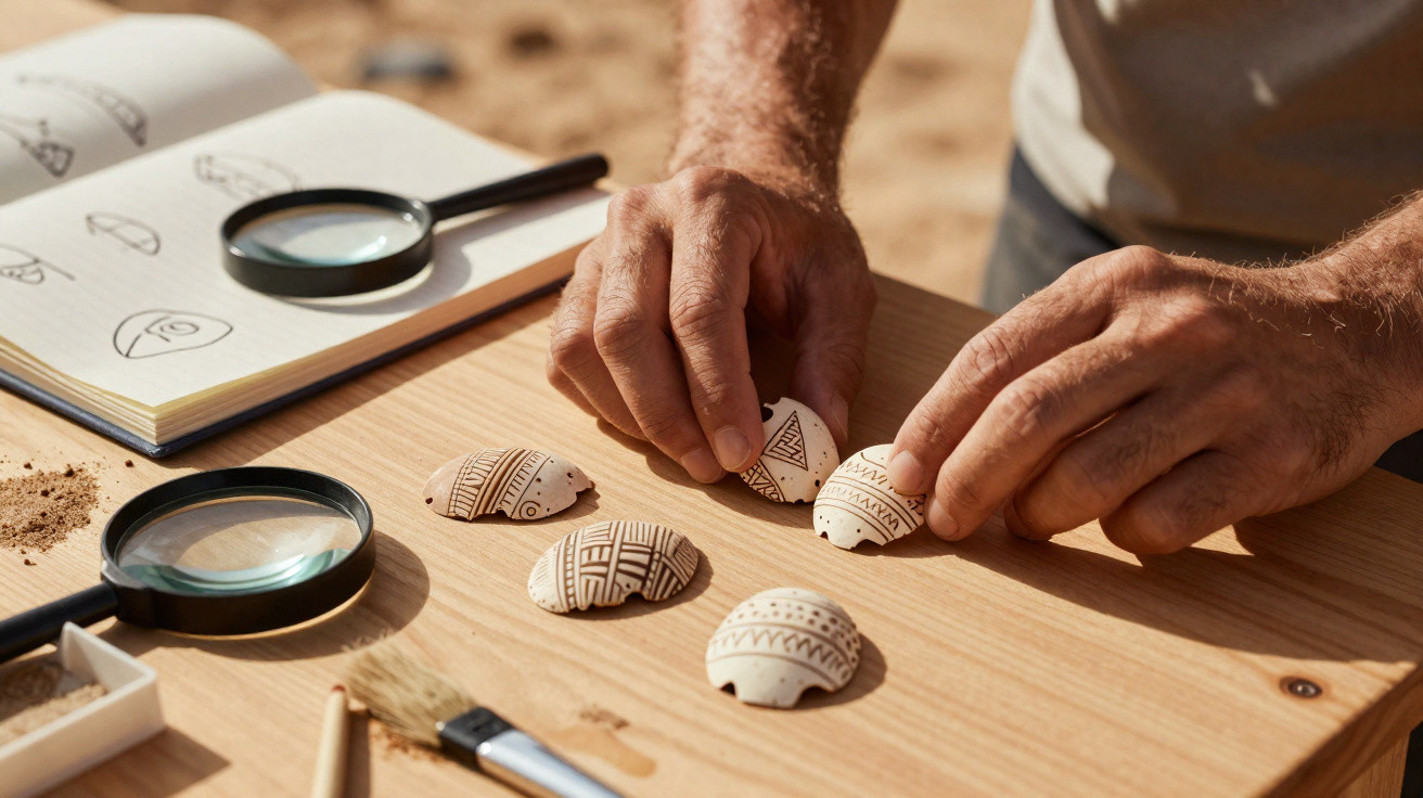 Hands arranging decorated pottery fragments on a wooden table with magnifying glasses and a sketchbook nearby.