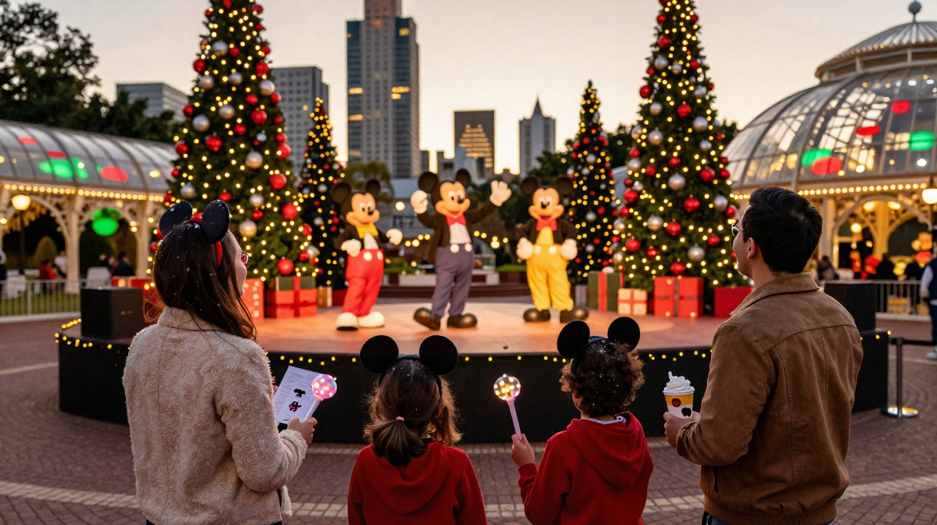Family wearing Mickey ears watching Mickey Mouse characters perform near decorated Christmas trees at dusk.
