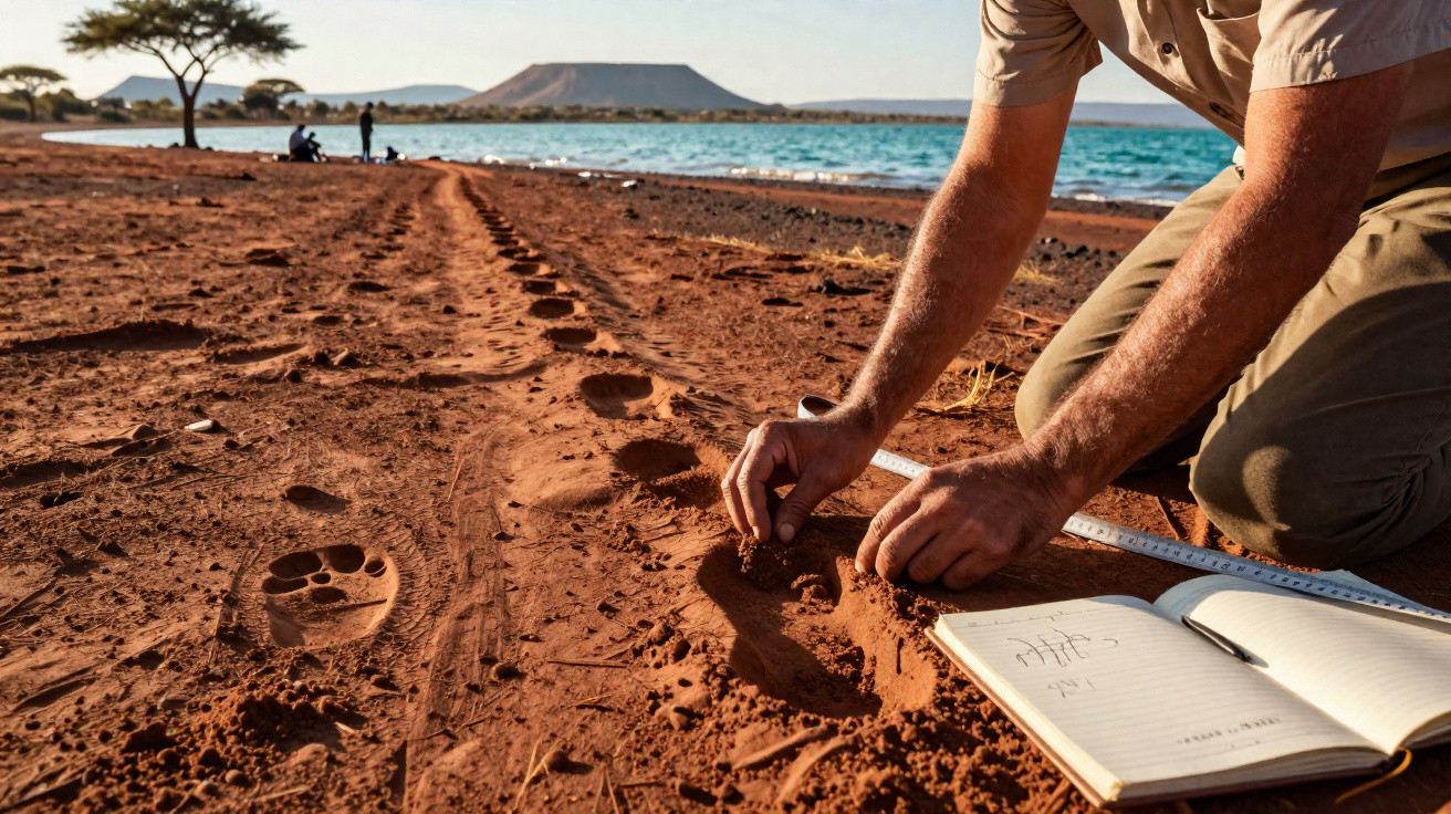 Person examining animal tracks in red soil by a lake with an open notebook and measuring ruler nearby.