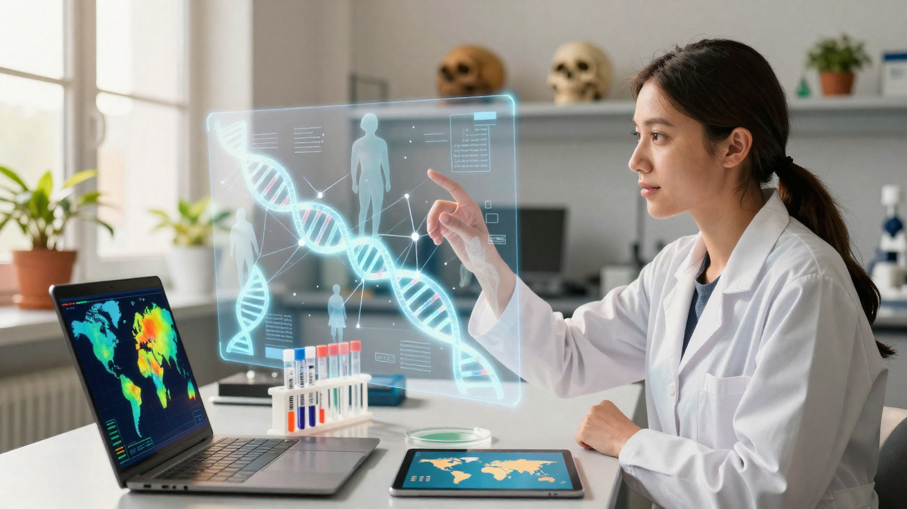 Scientist in lab coat analysing a holographic DNA strand with world maps on a laptop and tablet.