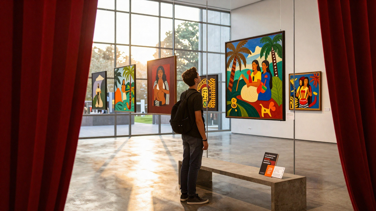 Person with backpack viewing colourful paintings in a bright modern art gallery with large windows and red curtains.