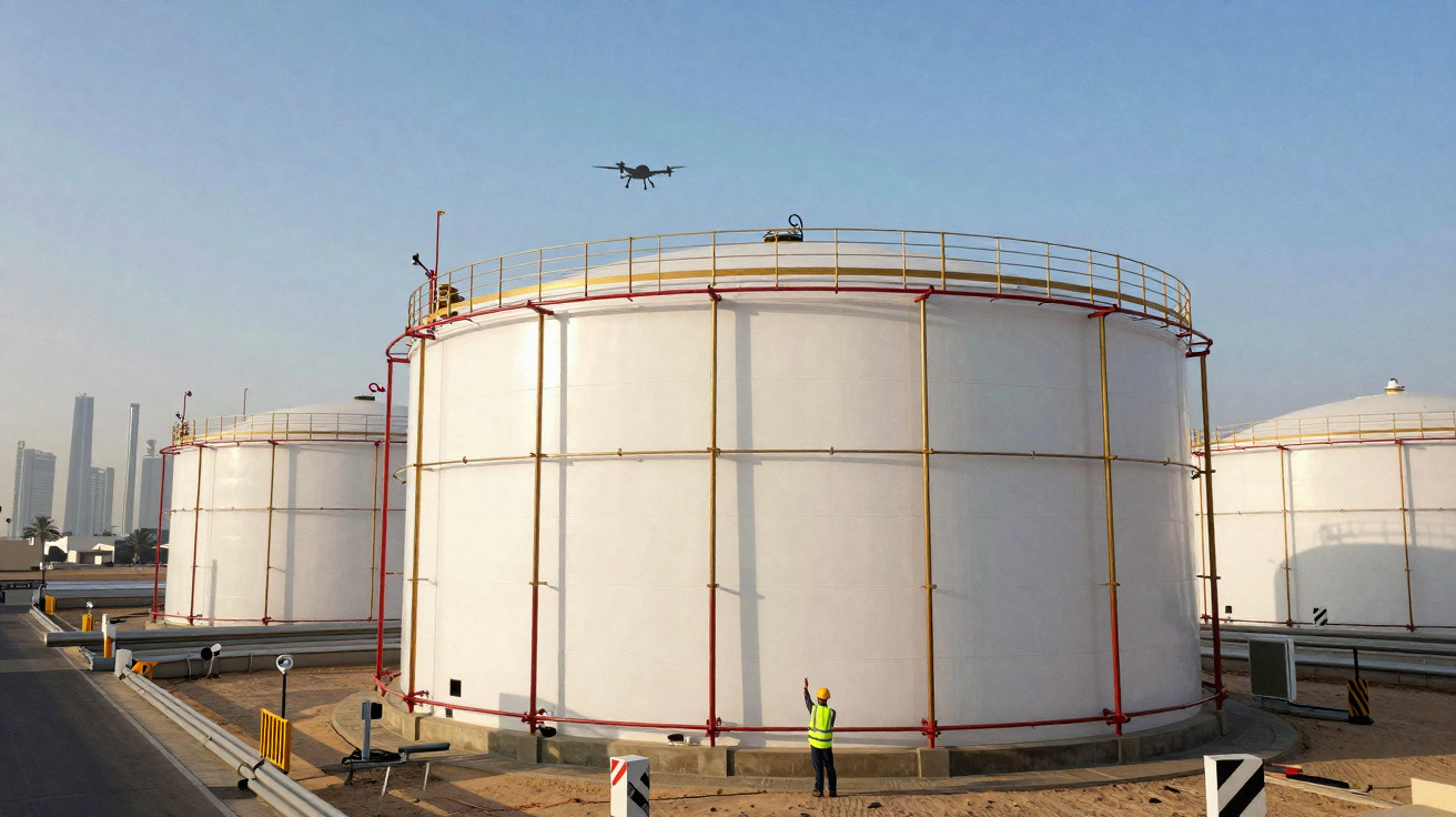 Worker in high-visibility vest operating a drone near large white industrial storage tanks on a clear day.