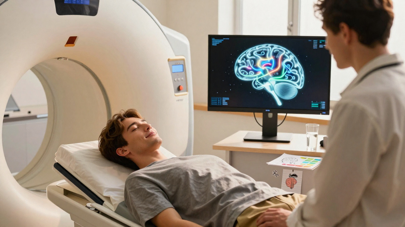 Young man lying in MRI scanner while doctor reviews brain scan on computer monitor.