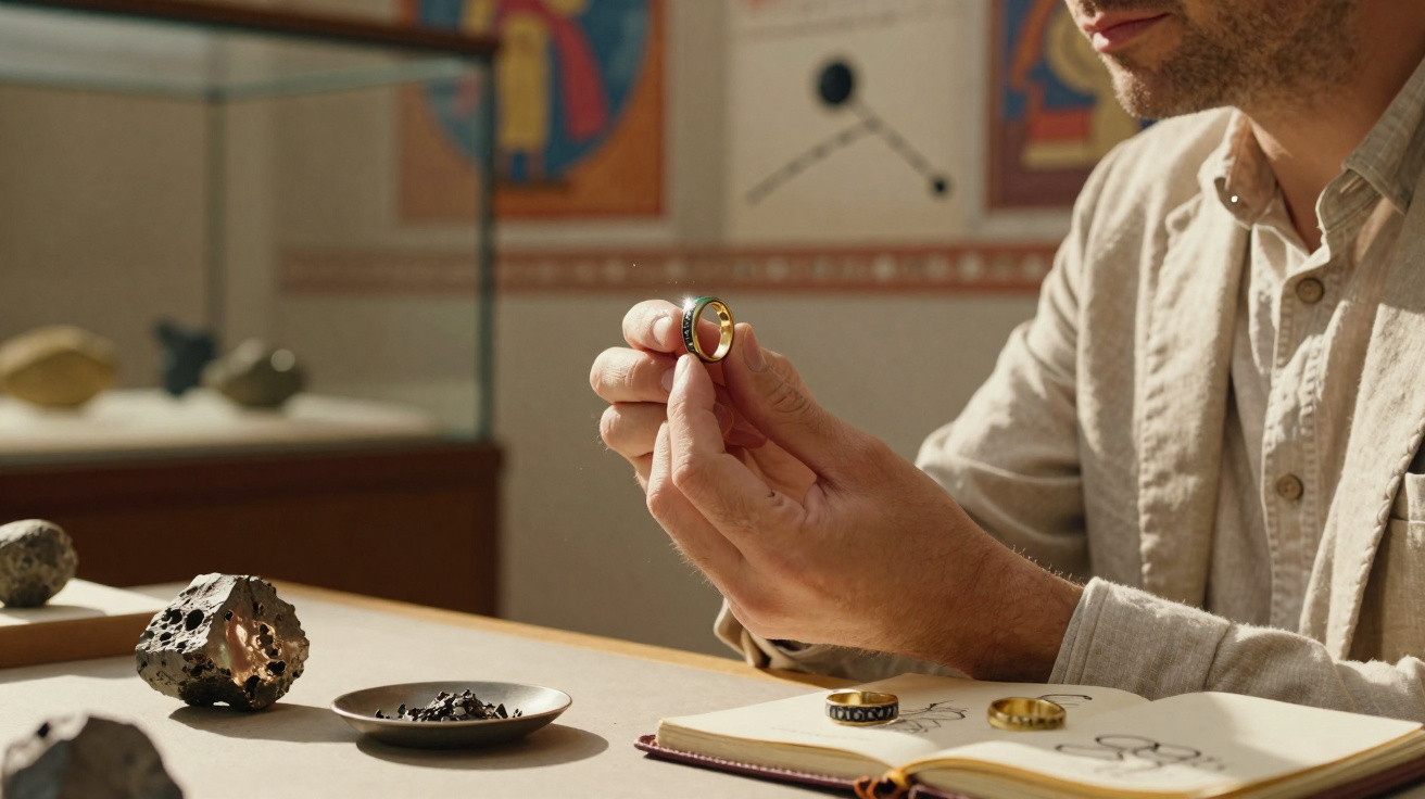 Man examining a gold ring with black accents at a wooden table with rocks and an open notebook.