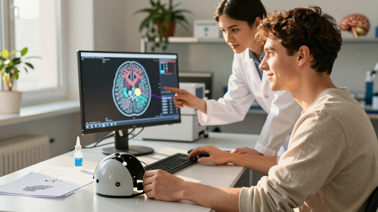 Scientists analysing brain scan on computer in a bright office with EEG cap on desk