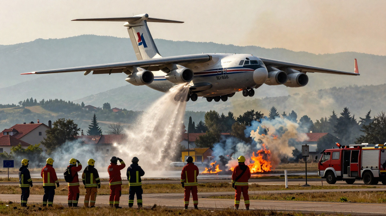 Firefighting aircraft dropping water on fire while firefighters watch near fire truck and burning flames.