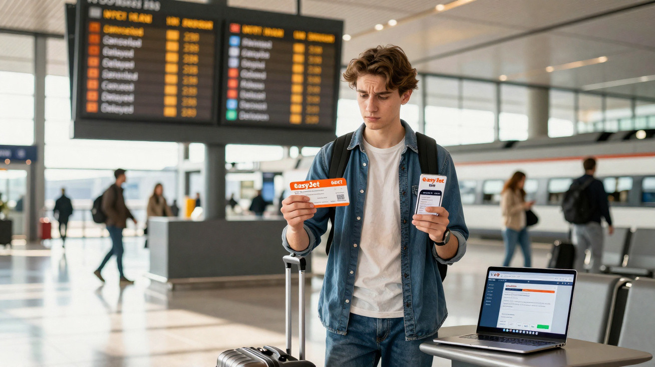 Young man holding EasyJet boarding pass and phone at airport lounge with flight information board in background