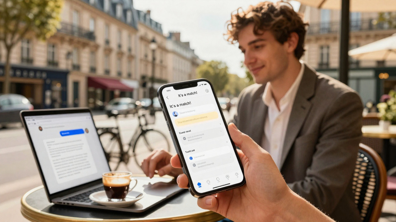 Person holding phone showing a dating app match message, man in suit sitting at outdoor cafe with laptop.